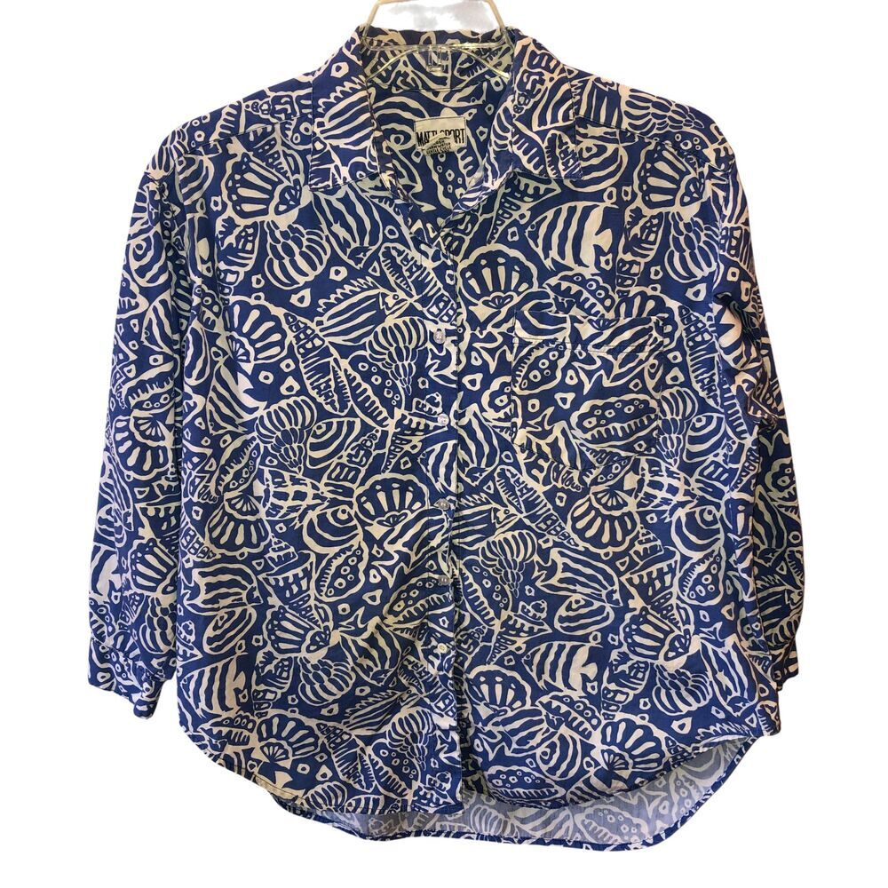 VTG Matti Sport Womens XL Blue White Fish Printed Button Up Collared Shirt Top